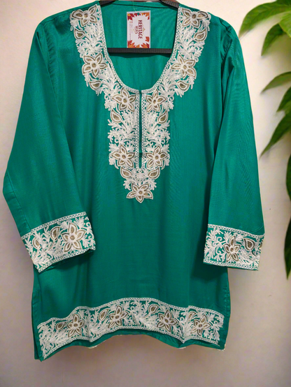 Kashmiri Embroidered Rayon Silk Kurti - Turquoise