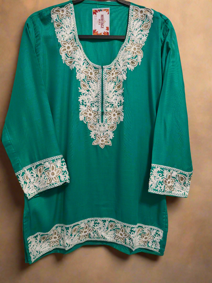 Kashmiri Embroidered Rayon Silk Kurti - Turquoise