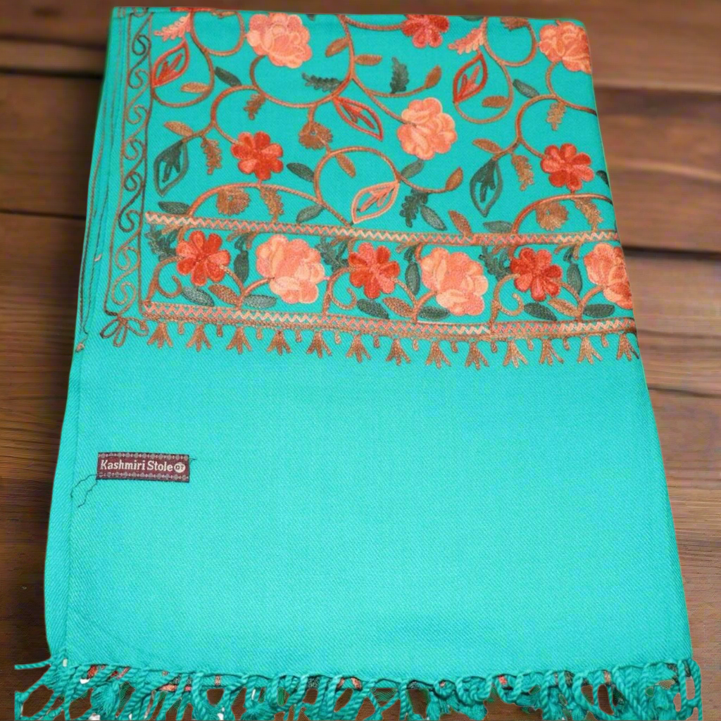 Kashmiri Embroidered Woolen Stole - Floral Turquoise