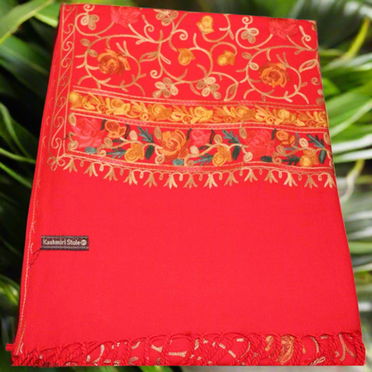 Kashmiri Embroidered Woolen Stole - Floral Red