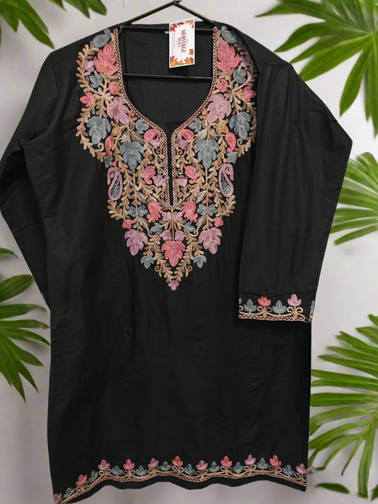 Kashmiri Embroidered Cotton Kurti - Black