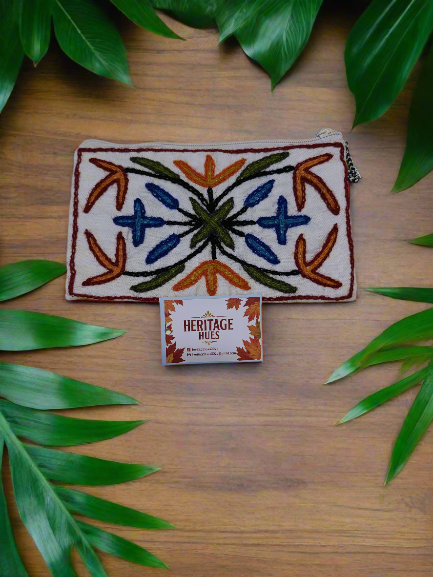 Handmade Embroidered Zip Pouches - Floral White