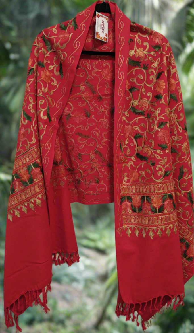 Kashmiri Embroidered Woolen Stole - Floral Red
