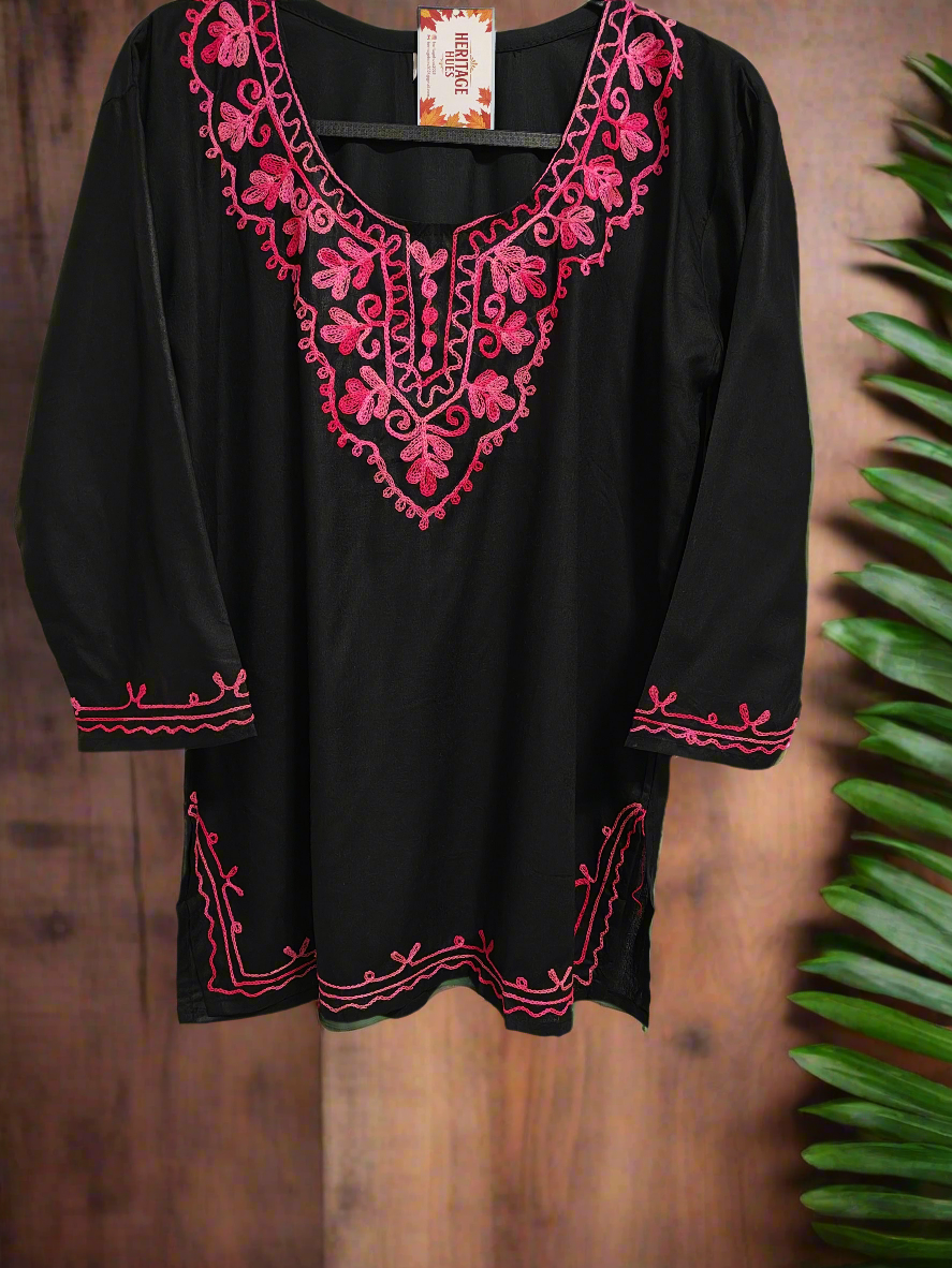 Kashmiri Embroidered Cotton Dori Kurti - Black and White