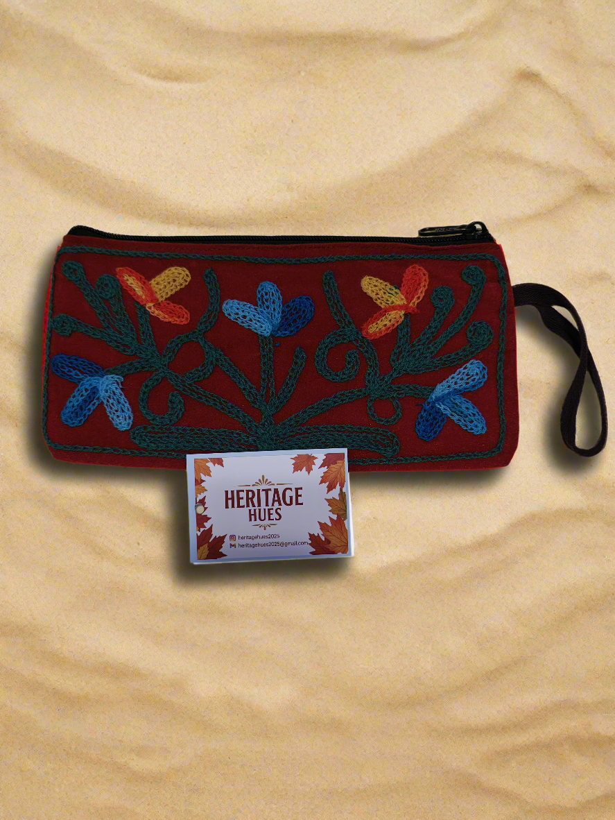 Handmade Embroidered Zip Pouches - Floral Red