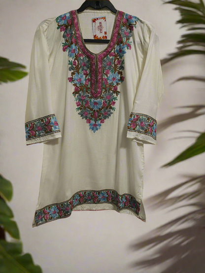 Kashmiri Embroidered Rayon Silk Kurti - Multi Coloured