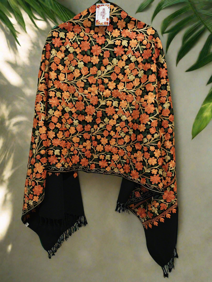Kashmiri Woollen Stole Full Embroidered Work - Floral Black