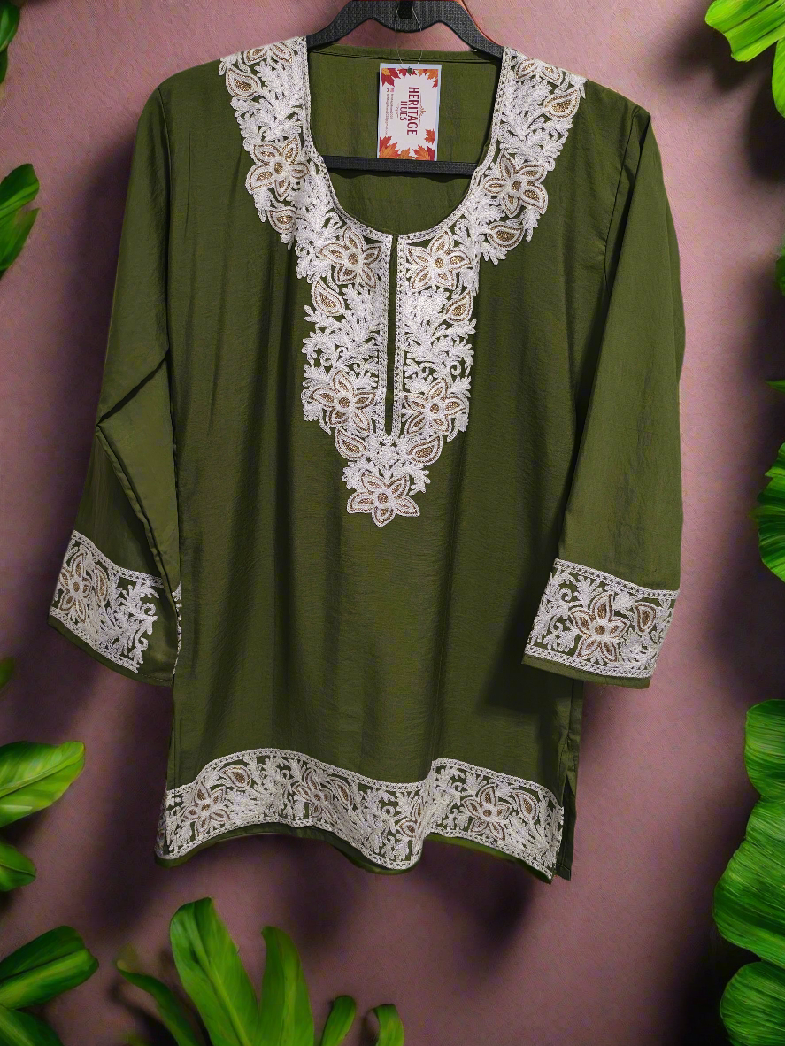 Kashmiri Embroidered Rayon Silk Kurti - Olive Green