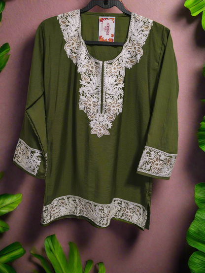 Kashmiri Embroidered Rayon Silk Kurti - Olive Green