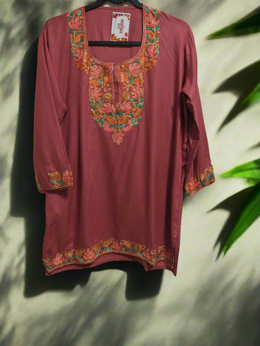 Kashmiri Embroidered Rayon Silk Kurti - Multi Coloured