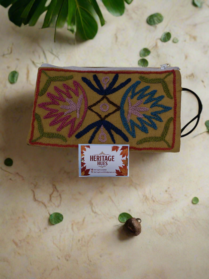Handmade Embroidered Zip Pouches - Floral Bronze