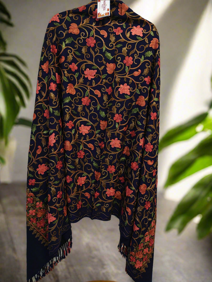 Kashmiri Woollen Stole Full Embroidered Work - Floral Navy