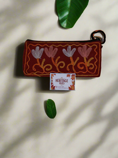 Handmade Embroidered Zip Pouches - Floral Red