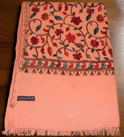 Kashmiri Embroidered Woolen Stole - Floral Peach
