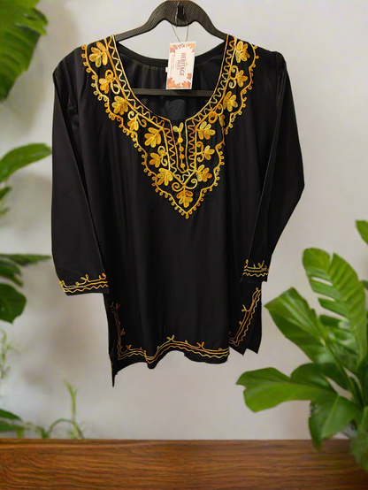 Kashmiri Embroidered Cotton Dori Kurti - Black and White