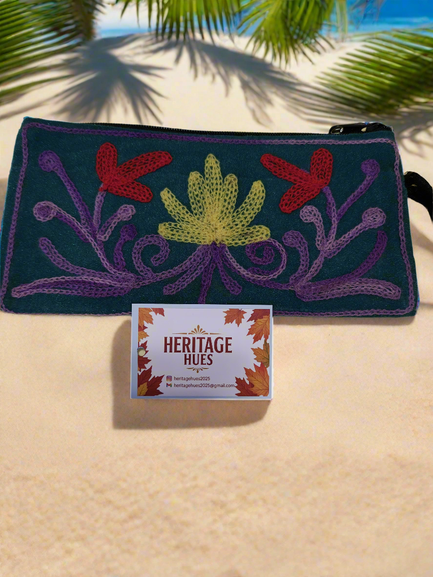 Handmade Embroidered Zip Pouches - Floral Green