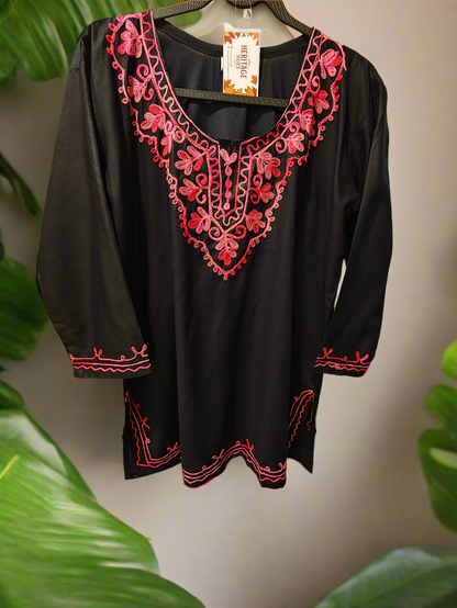 Kashmiri Embroidered Cotton Dori Kurti - Black and White