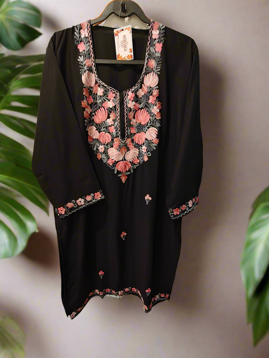 Kashmiri Embroidered Rayon Cotton Kurti - Black