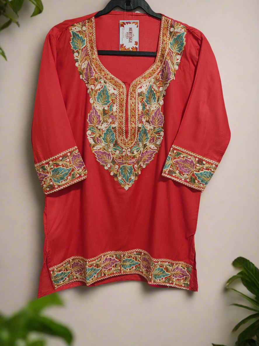 Kashmiri Embroidered Rayon Silk Kurti - Red