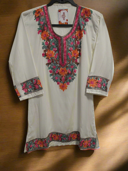 Kashmiri Embroidered Rayon Silk Kurti - Multi Coloured