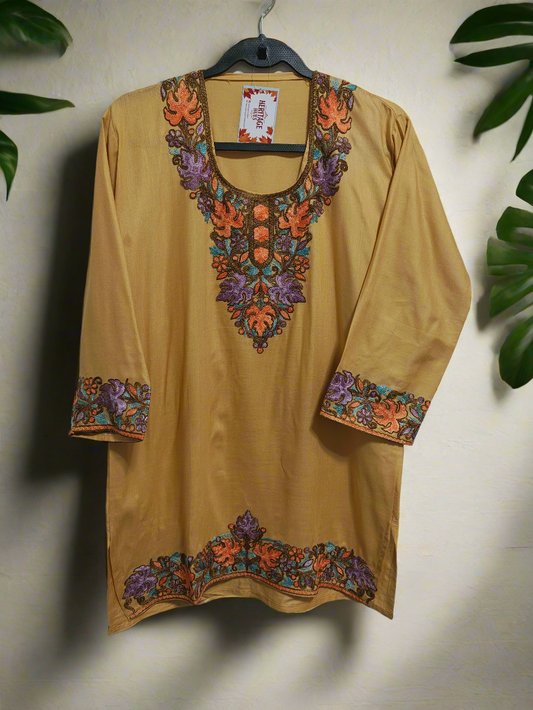 Kashmiri Embroidered Rayon Silk Kurti - Beige