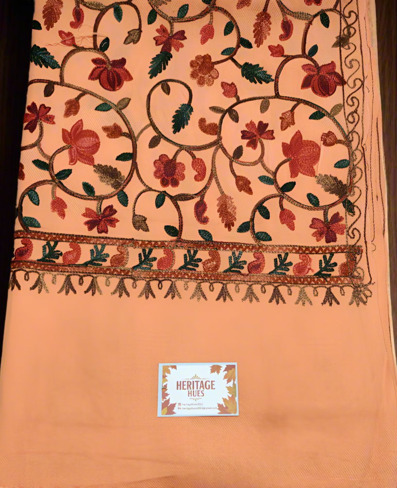Kashmiri Embroidered Woolen Stole - Floral Peach