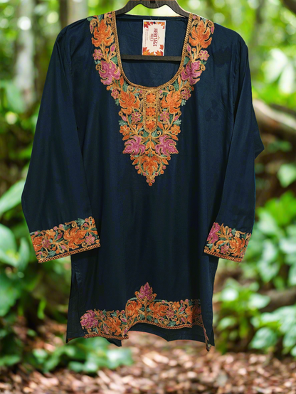 Kashmiri Embroidered Rayon Silk Kurti - Multi Coloured