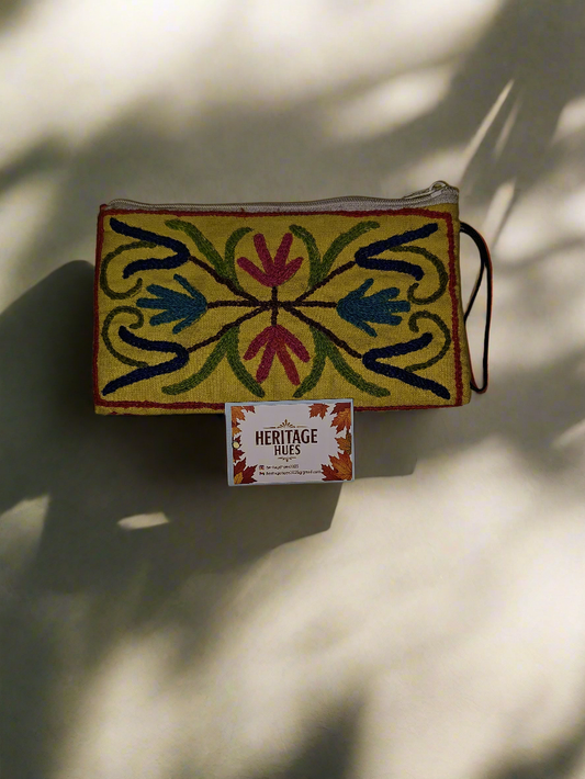 Handmade Embroidered Zip Pouches - Floral Yellow