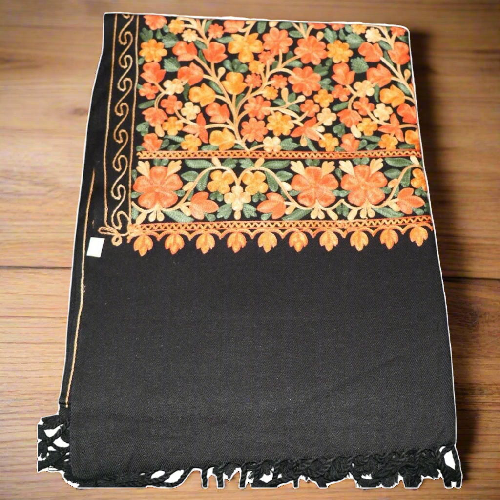 Kashmiri Woollen Stole Full Embroidered Work - Floral Black
