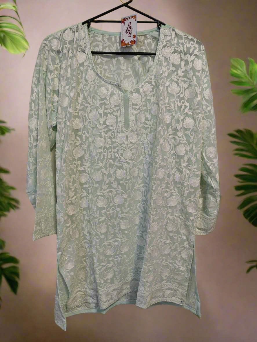 Traditional Handcrafted Georgette Short Kurti - Kashmiri Embroidered