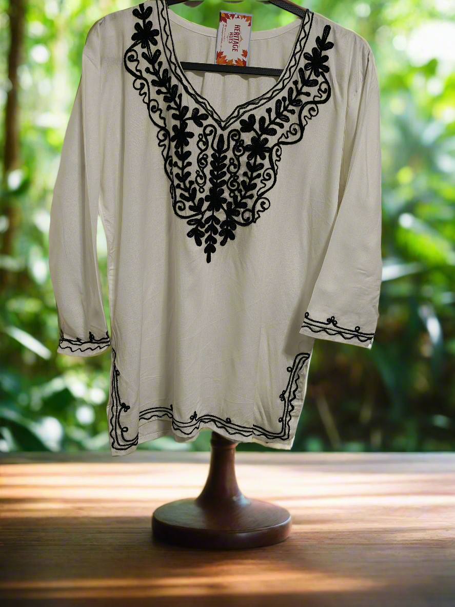 Kashmiri Embroidered Cotton Dori Kurti - Black and White