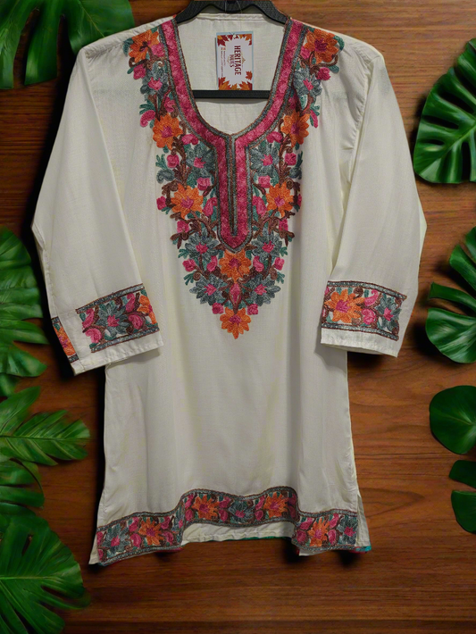 Kashmiri Embroidered Rayon Silk Kurti - White