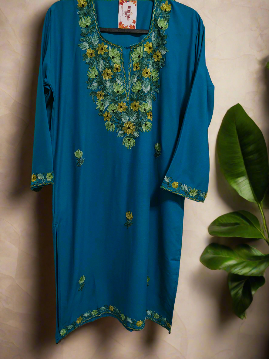 Kashmiri Embroidered Rayon Cotton Kurti - Multi Coloured