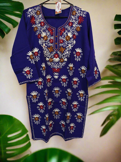 Kashmiri Embroidered Long Woolen Kurti - Multi Coloured