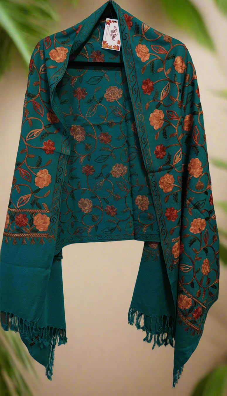 Kashmiri Embroidered Woolen Stole - Floral Turquoise