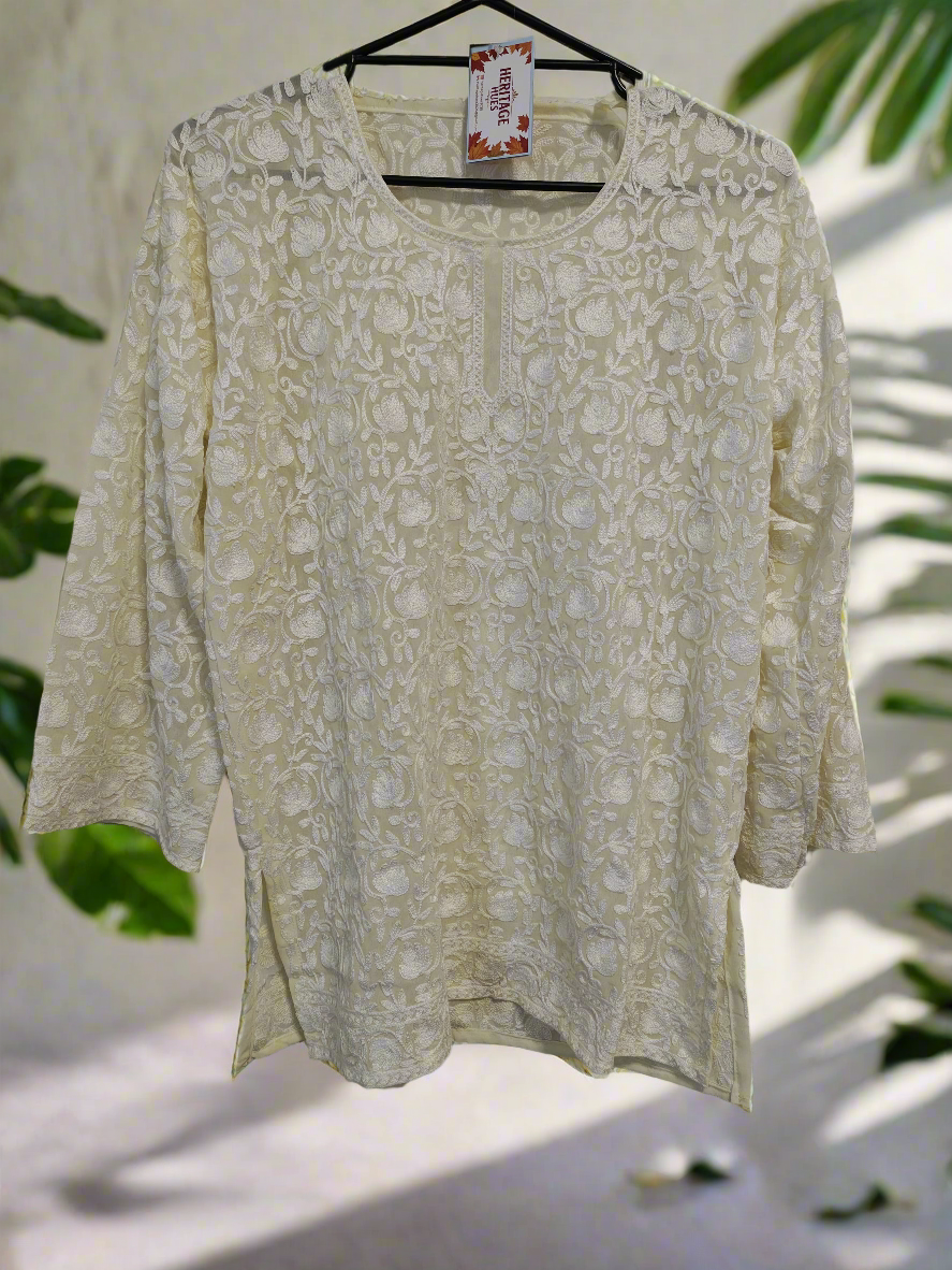 Traditional Handcrafted Georgette Short Kurti - Kashmiri Embroidered