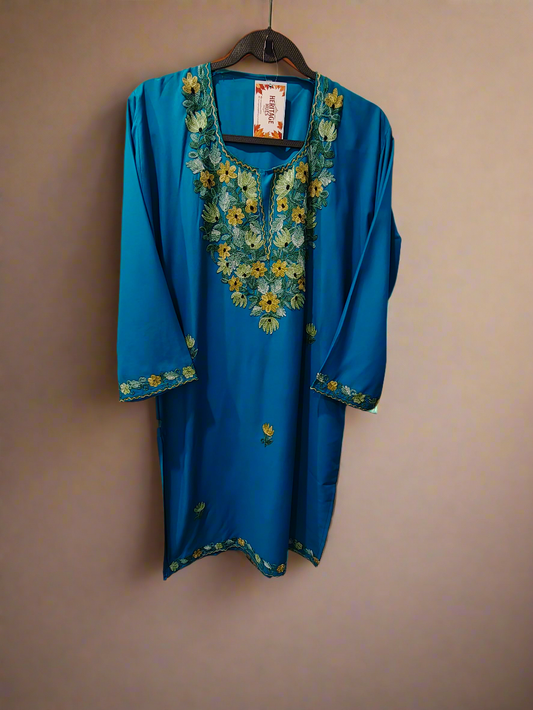Kashmiri Embroidered Rayon Cotton Kurti - Blue