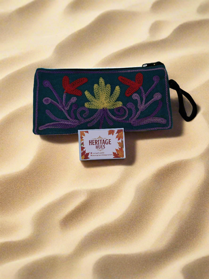 Handmade Embroidered Zip Pouches - Floral Green