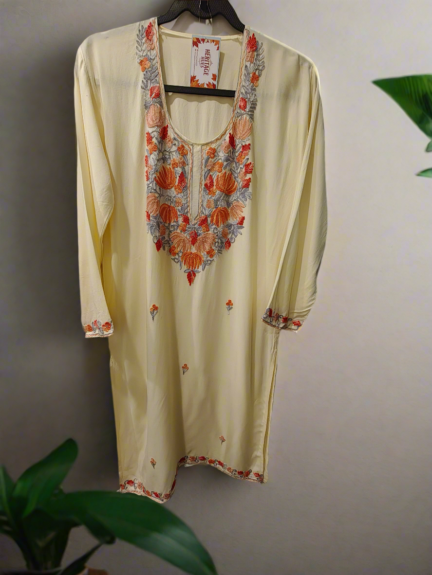 Kashmiri Embroidered Rayon Cotton Kurti - Multi Coloured