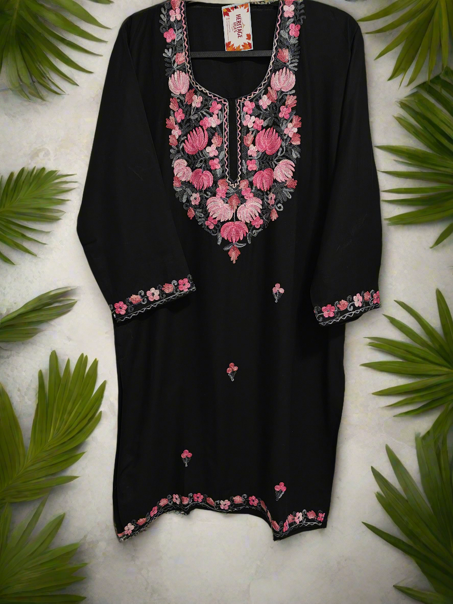 Kashmiri Embroidered Rayon Cotton Kurti - Multi Coloured