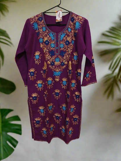 Kashmiri Embroidered Long Woolen Kurti - Multi Coloured