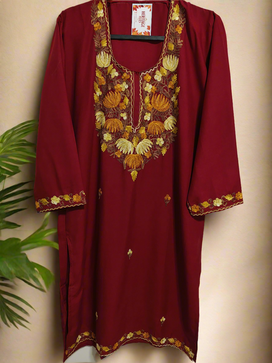 Kashmiri Embroidered Rayon Cotton Kurti - Multi Coloured