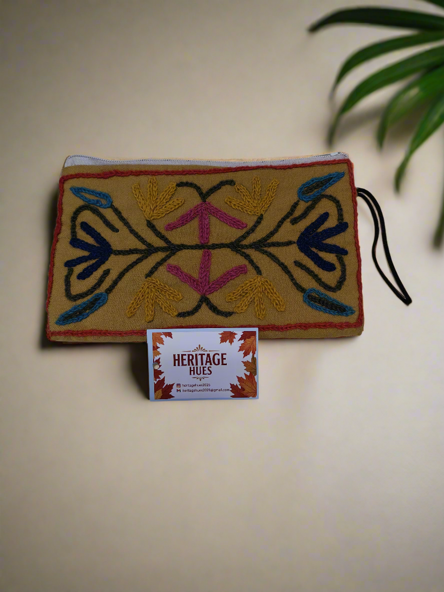 Handmade Embroidered Zip Pouches - Floral Bronze