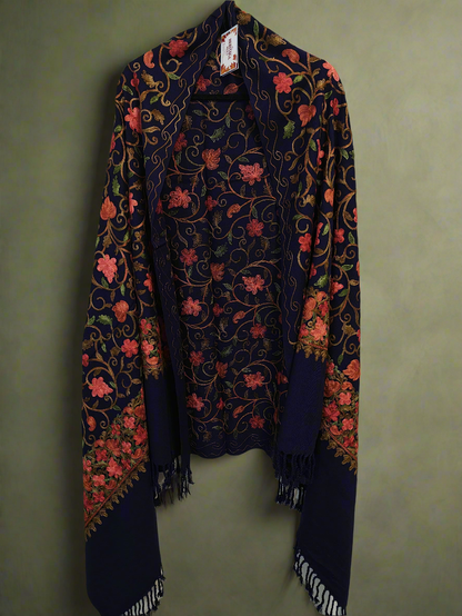 Kashmiri Woollen Stole Full Embroidered Work - Floral Navy