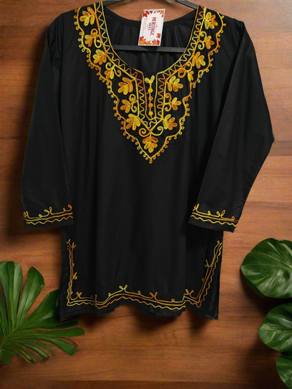 Kashmiri Embroidered Cotton Dori Kurti - Black and White