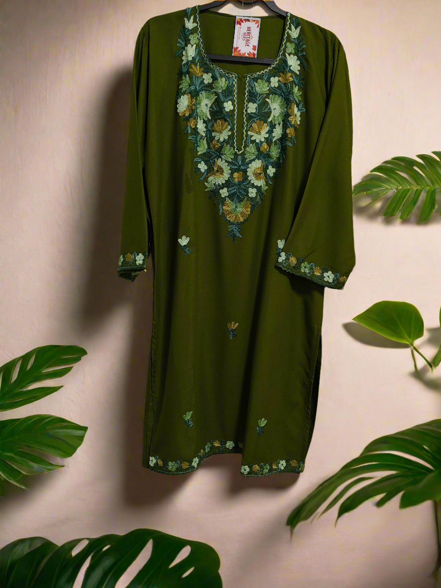 Kashmiri Embroidered Rayon Cotton Kurti - Multi Coloured