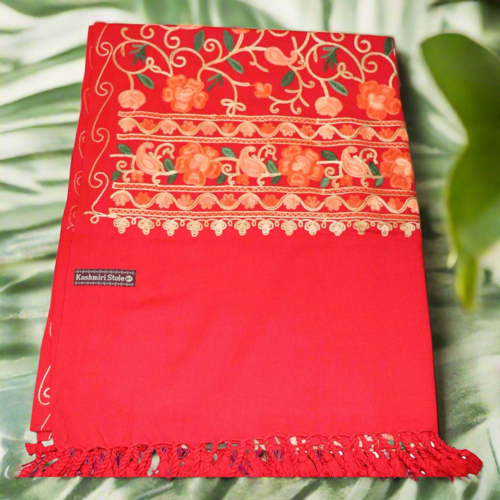 Kashmiri Embroidered Woolen Stole - Floral Red