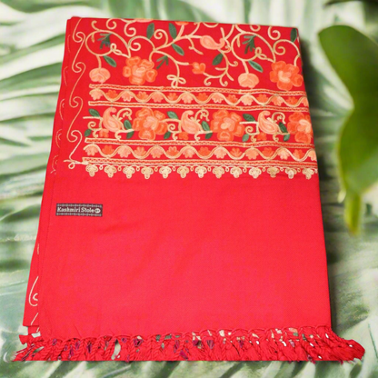Kashmiri Embroidered Woolen Stole - Floral Red