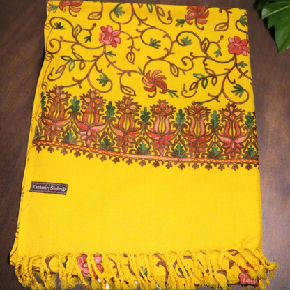 Kashmiri Embroidered Woolen Stole - Floral Amber