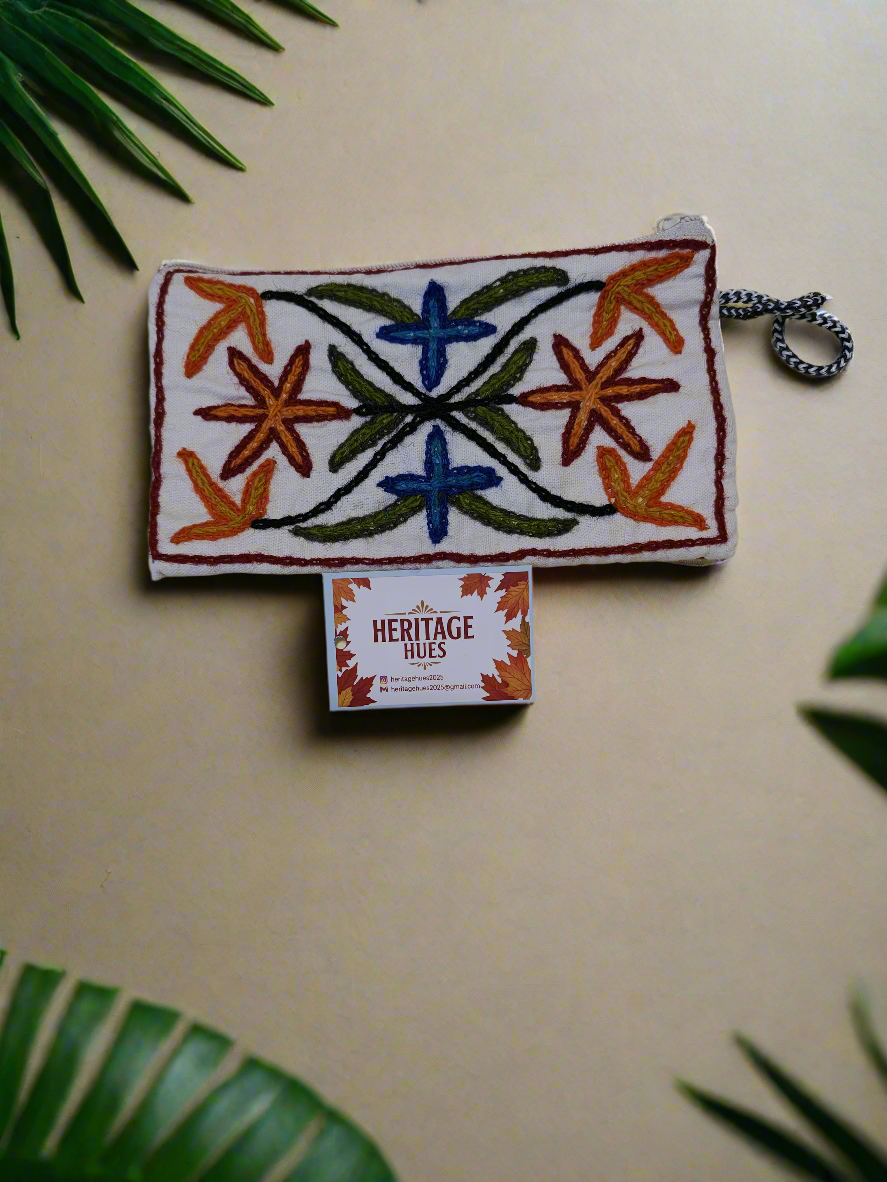 Handmade Embroidered Zip Pouches - Floral White